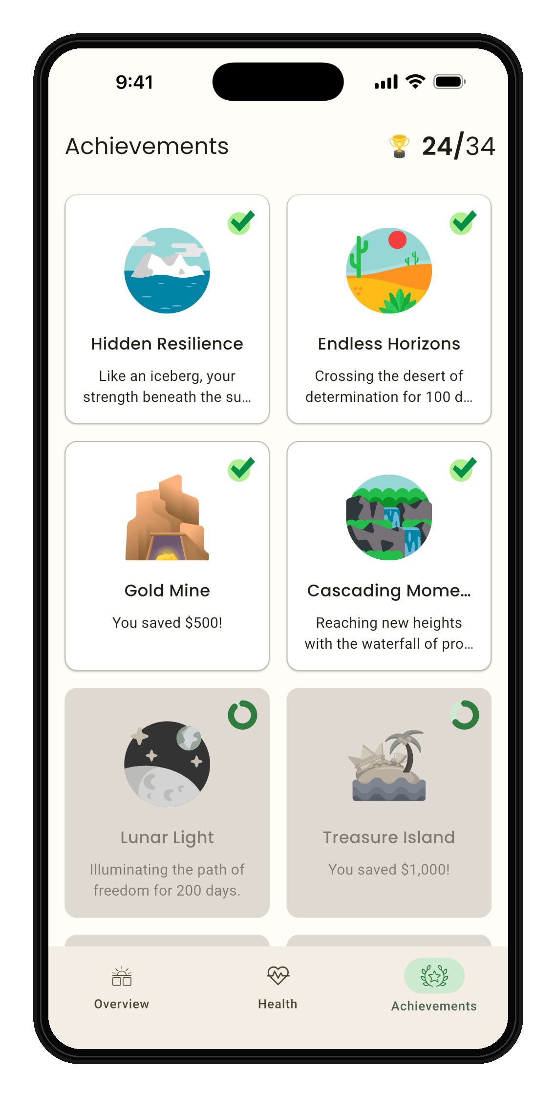 KratomFree achievements screen showing a grid of unlocked milestone badges and overall progress