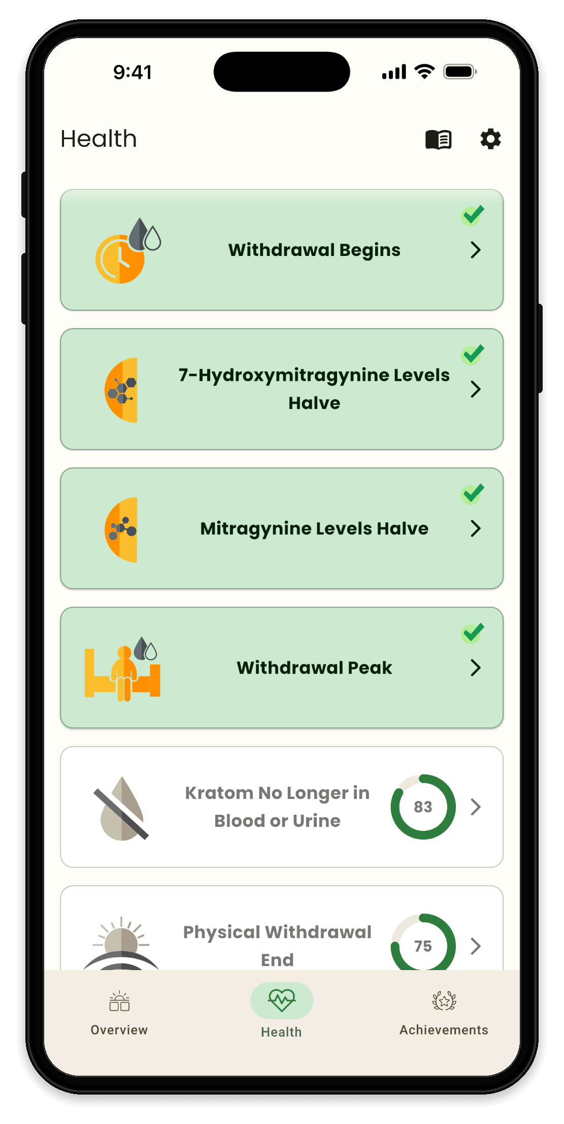 KratomFree health screen listing science-backed recovery milestones such as withdrawal begins, mitragynine levels halving and physical withdrawal end